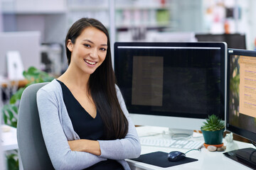 Aufkleber - Woman, smile and portrait with computer in office for internet, research online and website for company. Young person, editor and confident with tech for email and creative project for work or job