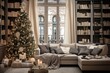 A modern apartment in beige tones with a Christmas tree and candles.