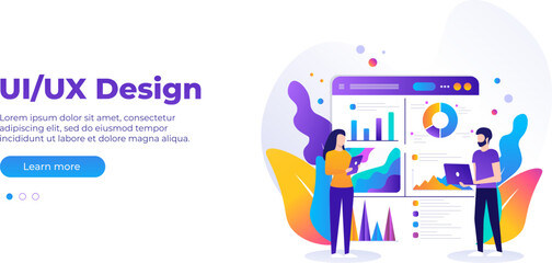 Poster - UI/UX design concept. Banner vector flat illustration, ui concept for your website. Data analysis, management, SEO, online shopping and startup business.