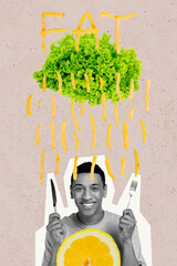 Poster - Vertical creative picture collage young man hungry grocery ingredients citrus lemon lettuce vegan food nutrition fat fastfood fries