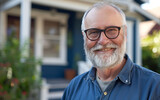 Fototapeta  - Portrait of a senior man with a beard and glasses, smiling at the camera in front of a house, 