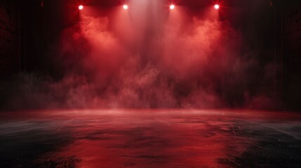 Wall Mural - the dark stage shows, dark red background, an empty dark scene, neon light, and spotlights the concr