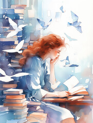 Wall Mural - woman with stack of books