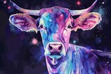 Fototapeta  - Cosmic Neon Cow Portrait, Starry Night Sky Illustration, Zodiac Taurus Inspiration