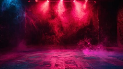 Wall Mural - The dark stage shows, dark red background, an empty dark scene, neon light, and spotlights The concrete floor and studio room with smoke float up  for display products - generative ai