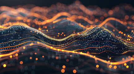 Poster - Abstract geometric network on dark blue background, illustrating the concept of network line connections and data connections. Blue lines connected with dots illustrate the network structure.