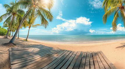 summer panoramic landscape, nature of tropical beach with wooden platform, sunlight. Golden sand beach, palm trees, sea water against blue sky with white clouds. Copy space, summer vacation concept 