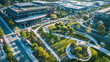 An aerial view of a large corporate campus bustling with employees and green spaces.