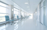 Fototapeta  - Long white hospital corridor with rooms and seats, empty acciden