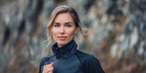 Wall Mural - A focused woman in a black jacket poses for a picture outdoors