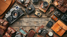 An Array Of Vintage Cameras And Photography Accessories On A Rustic Wooden Background.