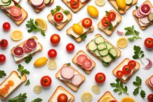 Variety Of Mini Sandwiches With Cream Cheese, Vegetables And Salami