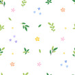 Spring blossoms. Seamless spring pattern with small  flowers and green leaves. Vector illustration.	