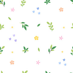 Wall Mural - Spring blossoms. Seamless spring pattern with small  flowers and green leaves. Vector illustration.	