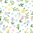 Spring blossoms. Seamless spring pattern with flowers and green leaves. Vector illustration.