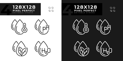 Canvas Print - Water features linear icons set for dark, light mode. Temperature and ph balance. Molecular structure. Thin line symbols for night, day theme. Isolated illustrations. Editable stroke. Pixel perfect