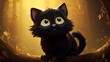A captivating 2D animation capturing the essence of a charming black cat with enchanting oversized eyes, blinking softly and intermittently opening its mouth with a touch of playful curiosity.