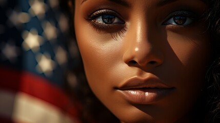 Happy young woman celebrating independence day with american flag on fourth of july festivities