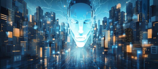 Poster - An electric blue robots face depicted in a futuristic city at midnight, blending art and symmetry. The graphics create a fictional character immersed in darkness, an event in a scifi world