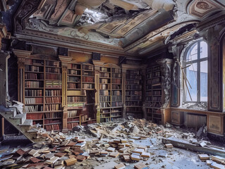 An abandoned and disorganized library.