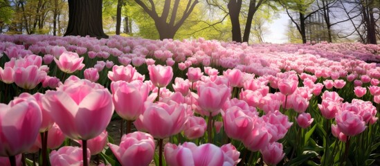 Sticker - A natural landscape with a field of pink tulips, a flowering plant, in a park with trees in the background. The petals cover the ground like a pink carpet amongst the grass