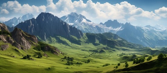 Wall Mural - The natural landscape features mountains in the background, with a green field in the foreground. The sky is dotted with fluffy cumulus clouds, creating a picturesque highland scene