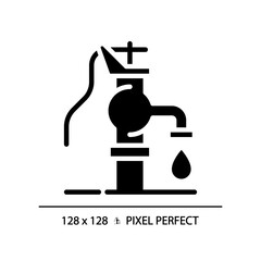 Poster - Well pump black glyph icon. Groundwater extraction. Hydraulic pump. Drinking water access. Fresh water. Silhouette symbol on white space. Solid pictogram. Vector isolated illustration. Pixel perfect