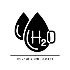 Sticker - H2O black glyph icon. Chemical formula. Scientific symbol. Water composition. Molecular structure. Silhouette symbol on white space. Solid pictogram. Vector isolated illustration. Pixel perfect