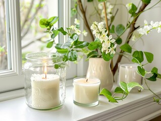 Canvas Print - Springtime home decor, spring interior decorations with flowers and burning candles, bright white apartment in daylight