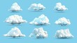 3d cloud. White cartoon fluffy clouds in bubble shape in blue sky, summer rounded cumulus icons. Weather forecast realistic symbols vector set. Outdoor nature, spring weather cloudscape