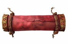 Antique Red Parchment Scroll With Gold Seals And Braided Ropes, Rolled Up And Tied, Isolated On A White Background, Digital Illustration