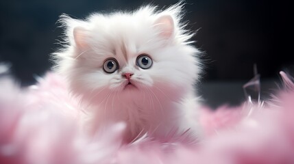  A fluffy white kitten with a pink nose and big round eyes, looking directly at the camera with irresistible cuteness.