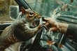A whimsical painting of a squirrel seated in a car with its mouth agape, appearing to laugh or chatter in a humorous interaction. Generative AI