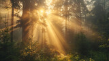 Fototapeta  - A dense ancient forest bathed in the golden light of sunrise with rays piercing through the fog.