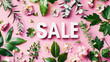 SALE sign in white letters surrounded by spring flowers in boho style. Pink background. Adv concept. Generative AI