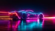 A futuristic sports car with vibrant neon outline lighting accents on a dark background with reflective floor.