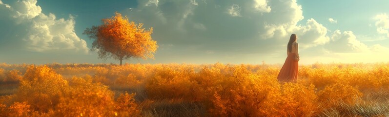 Wall Mural - a girl walking through a field, in the style of ethereal trees, dark yellow and azure, majestic, sweeping seascapes, photorealistic representation, graceful balance, wimmelbilder, orange