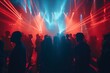 Crowd of attendees standing in front of a stage at a psychedelic rave in an underground venue. Generative AI