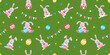 Happy Easter seamless pattern with cute bunnies holding eggs