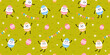 Happy Easter seamless pattern with cute egg characters on a green lawn.