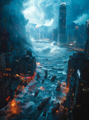 Wall Mural - A city is flooded with water and the sky is dark. Scene is chaotic and dangerous