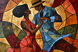 Fototapeta Big Ben - Afro- American male and female couple dancing the ballroom Calypso dance shown in an abstract cubist style watercolour oil painting for a poster or flyer, stock illustration image
