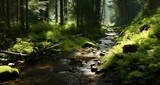 Fototapeta  - small creek with water flowing through some woods