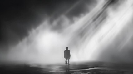 Wall Mural - A black and white photograph of a figure standing still while their ethereal form can be seen floating a few feet above them surrounded by mist and radiating light.