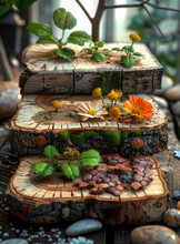 Three Wooden Boards With Plants On Them. The Plants Are Arranged In A Way That They Look Like They Are Growing Out Of The Wood.