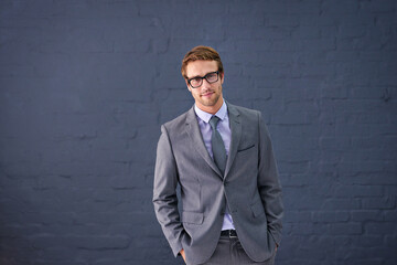 Poster - Businessman, portrait and professional with vision glasses, lawyer career with male person. Happy, formal and suit on confident Canada attorney isolated on background, office clothes for law firm
