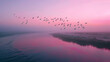 A flock of migratory birds flying in formation over a calm pristine wetland at dawn.