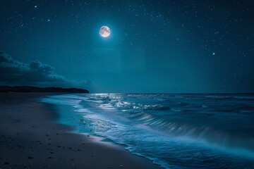 Wall Mural - Moonlit Beach Whispers: Soft Waves Caress the Shore Under Starlight