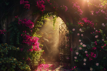 Poster - secret garden door leading to a hidden paradise of flowers and sunlight