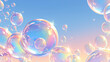 bright, transparent bubbles against a blue sky with a pinkish tint